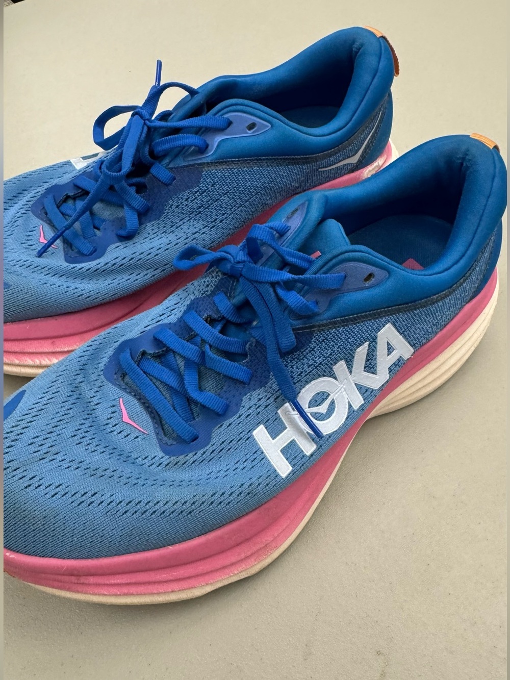 Hoka One One Bondi 8 Athletic Running Shoes Blue Pink size 10 superb cushioning